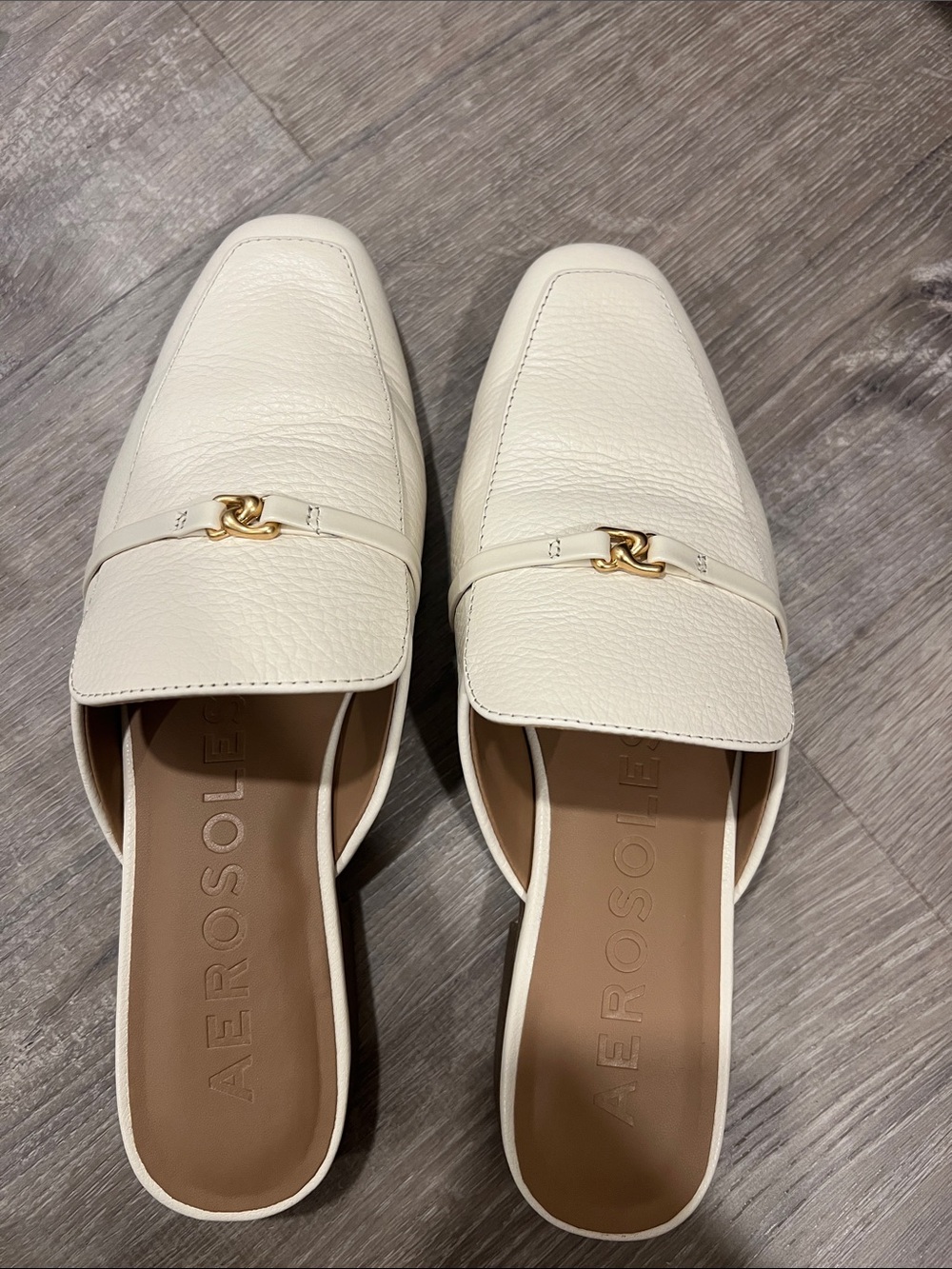 AEROSOLES Cream Leather Slip-On Mules with Gold Hardware